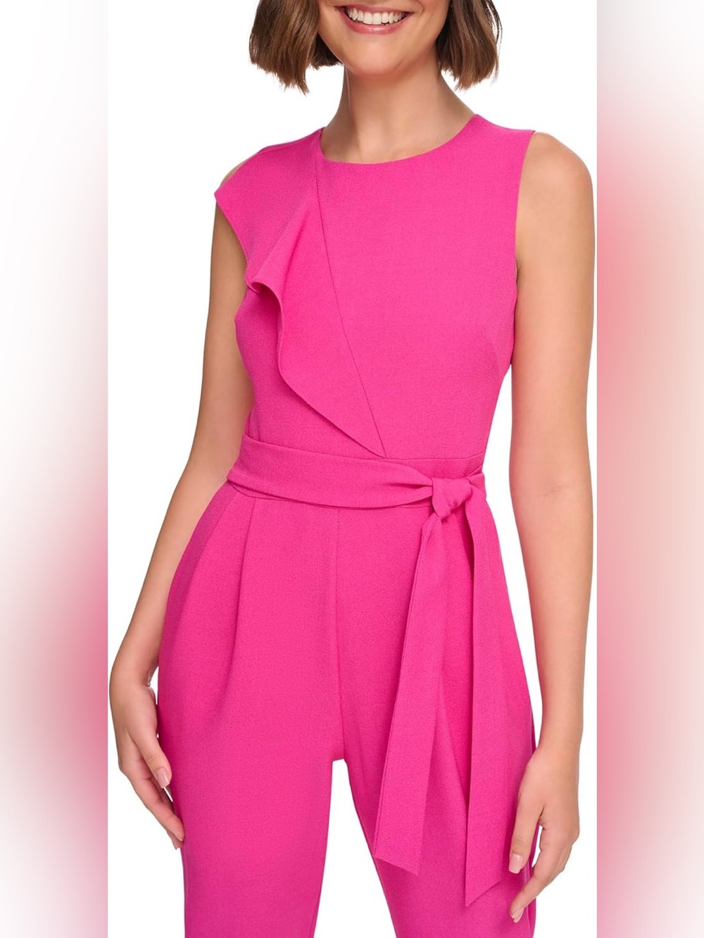 Jessica Howard Sleeveless Ruffle Belted Jumpsuit in Fuchsia